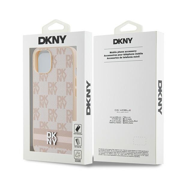 DKNY Checkered Mono Nahka & Painettu Raidat iPhone 15/14/13 - Vaaleanpunainen