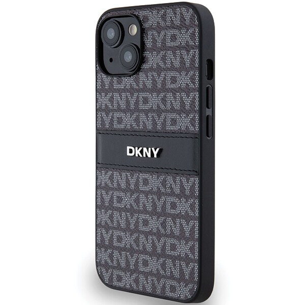 DKNY Nahka Mono Stripe & Metal Logo Case varten iPhone 15/14/13 - Musta