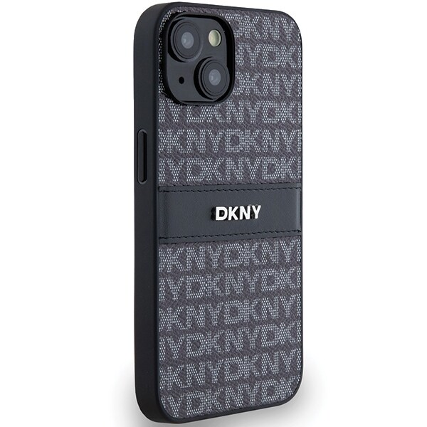 DKNY Nahka Mono Stripe & Metal Logo Case varten iPhone 15/14/13 - Musta