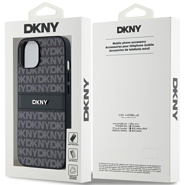 DKNY Nahka Mono Stripe & Metal Logo Case varten iPhone 15/14/13 - Musta