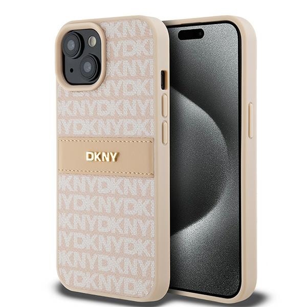 DKNY Nahka Mono Stripe & Metal Logo Case for iPhone 15 Plus / 14 Plus - Vaaleanpunainen