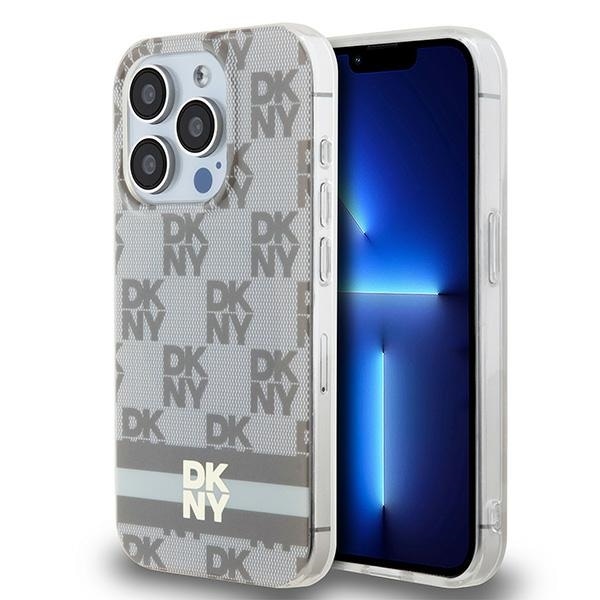 DKNY IML Checkered Mono Pattern & Printed Stripes MagSafe Case for iPhone 14 Pro Max - Beige