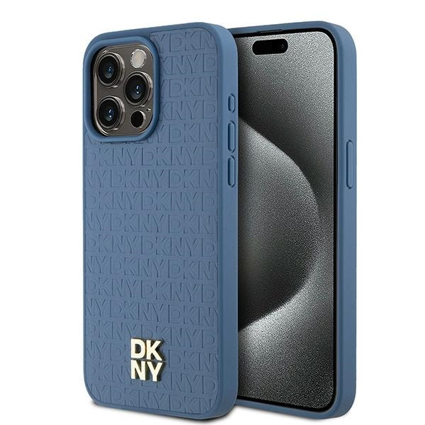 DKNY Nahka Monogrammi kuvio Metalli Logo MagSafe Kotelo iPhone 15 Pro Max - Sininen