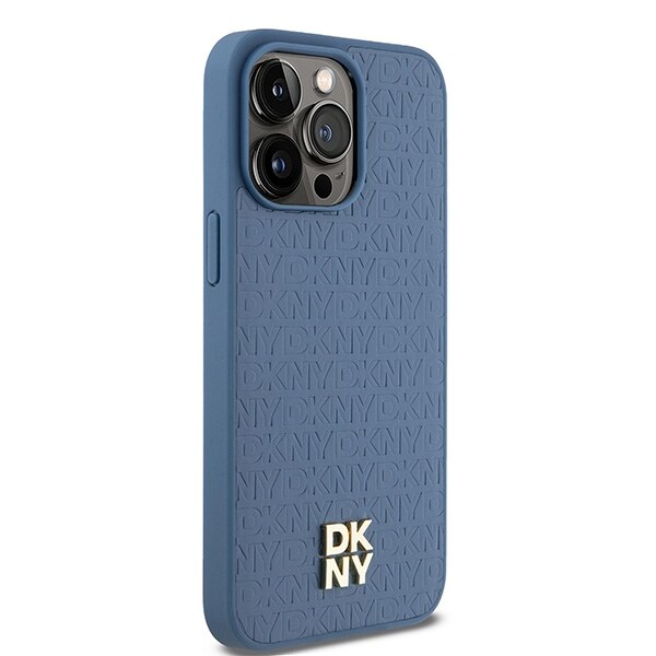 DKNY Nahka Monogrammi kuvio Metalli Logo MagSafe Kotelo iPhone 15 Pro Max - Sininen