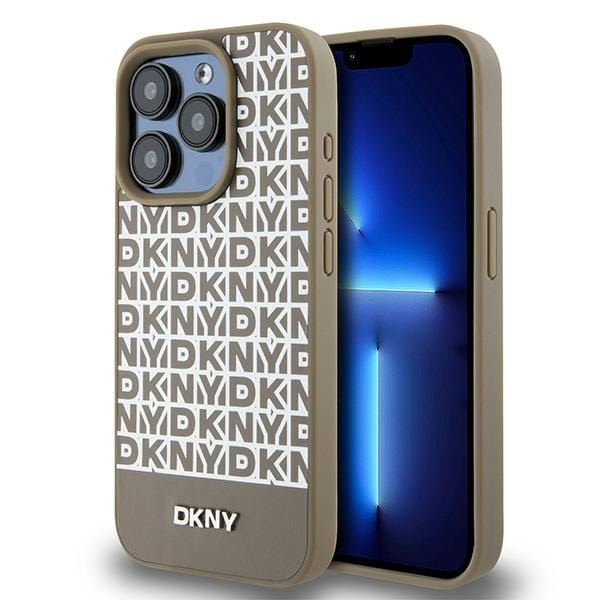 DKNY Nahka Painettu kuvio Metalli Logo MagSafe Kotelo iPhone 15 Pro Max - Ruskea