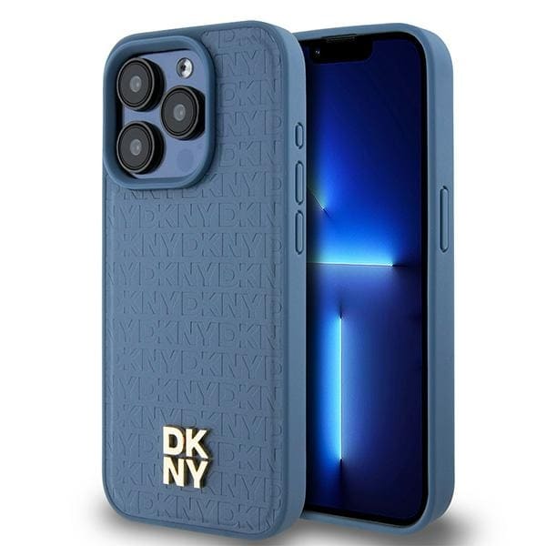 DKNY Nahka Monogrammi kuvio Metalli Logo MagSafe Kotelo iPhone 15 Pro - sininen
