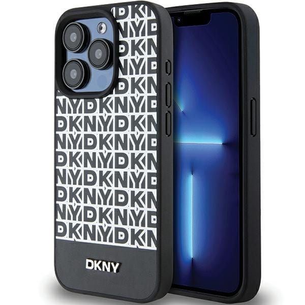 DKNY Nahka Painettu kuvio Metalli Logo MagSafe Kotelo iPhone 15 Pro - Musta