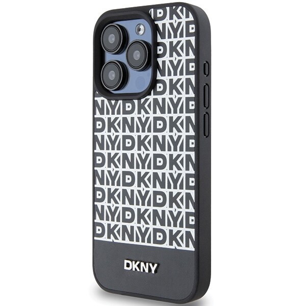 DKNY Nahka Painettu kuvio Metalli Logo MagSafe Kotelo iPhone 15 Pro - Musta