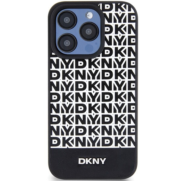 DKNY Nahka Painettu kuvio Metalli Logo MagSafe Kotelo iPhone 15 Pro - Musta