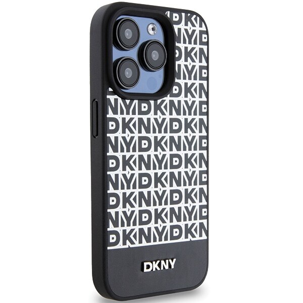 DKNY Nahka Painettu kuvio Metalli Logo MagSafe Kotelo iPhone 15 Pro - Musta