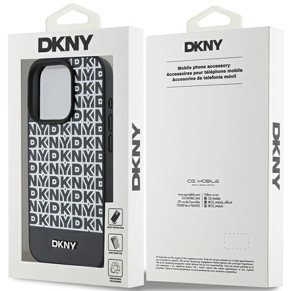 DKNY Nahka Painettu kuvio Metalli Logo MagSafe Kotelo iPhone 15 Pro - Musta