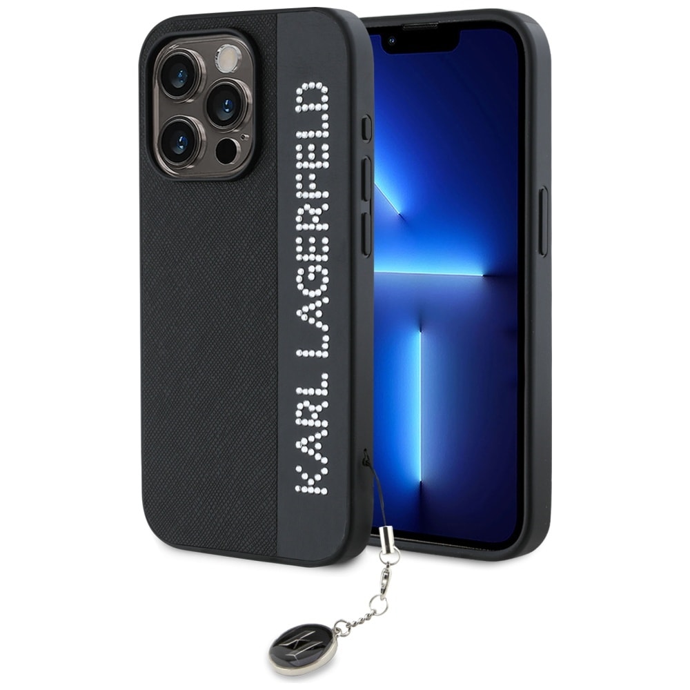 Karl Lagerfeld Saffiano strassit ja viehätys kotelo iPhone 15 Pro - musta