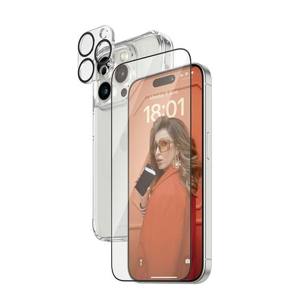 PanzerGlass Bundle 3in1 set läpinäkyvä kotelo + folio + kameran suojus iPhone 15 Pro Maxille