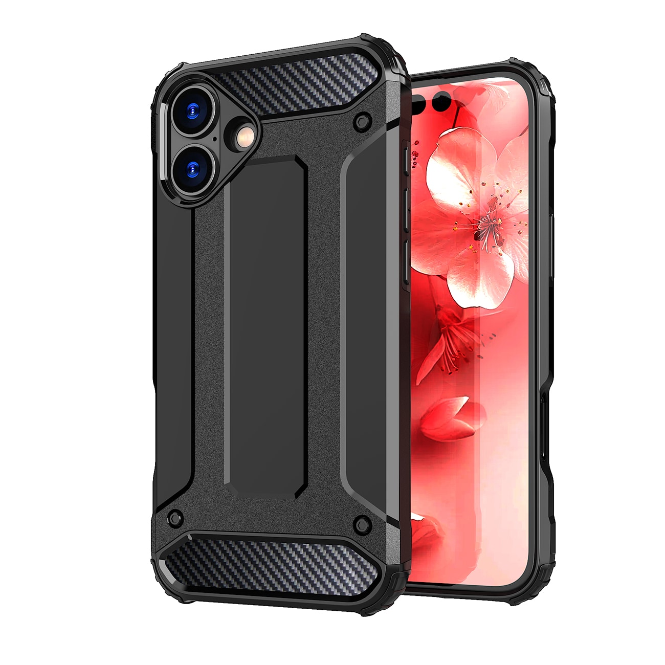 Hybrid Armor iPhone 16 Suojakuori TPU + PC Iskunkestävä Kuori Kamerasuojalla - Musta