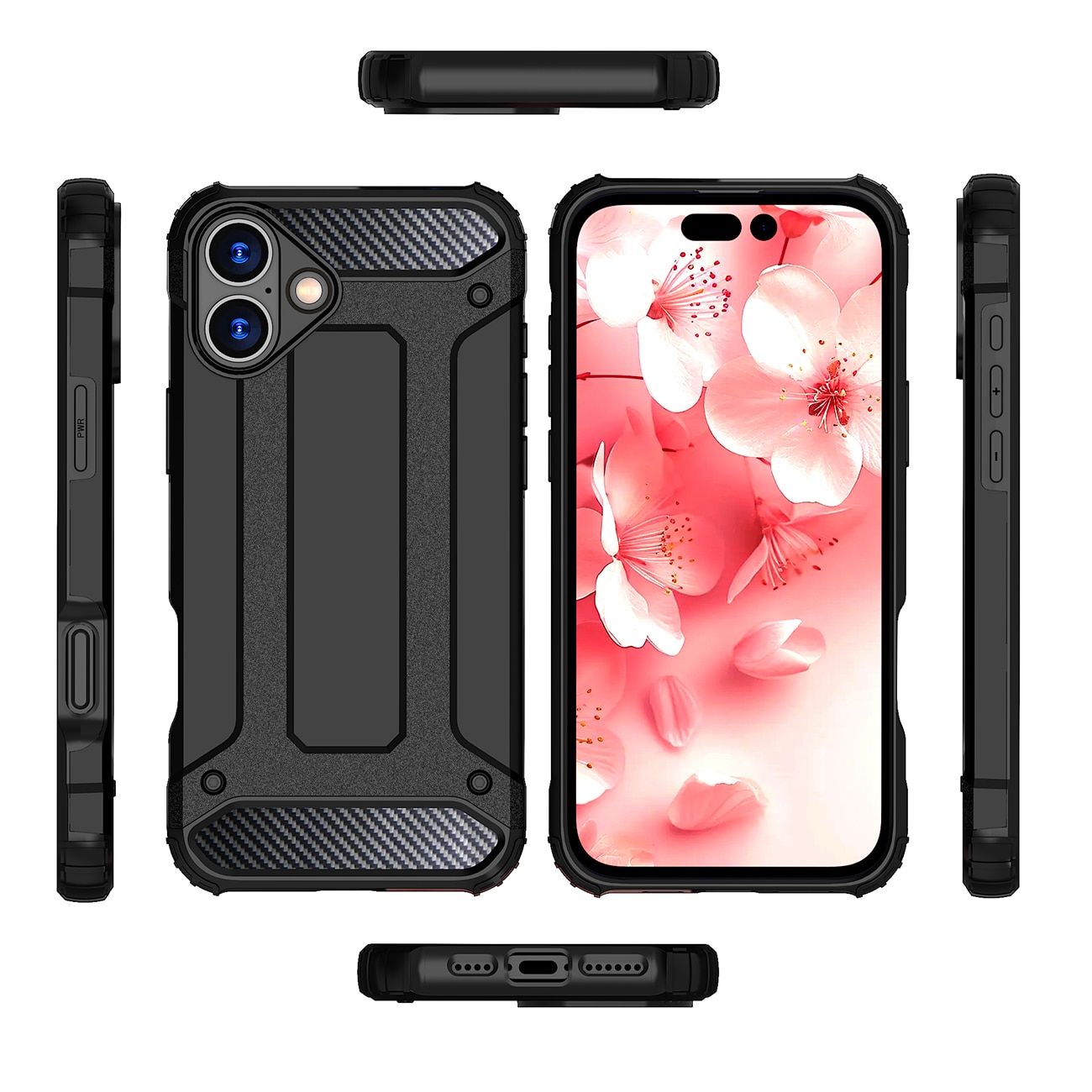 Hybrid Armor iPhone 16 Suojakuori TPU + PC Iskunkestävä Kuori Kamerasuojalla - Musta
