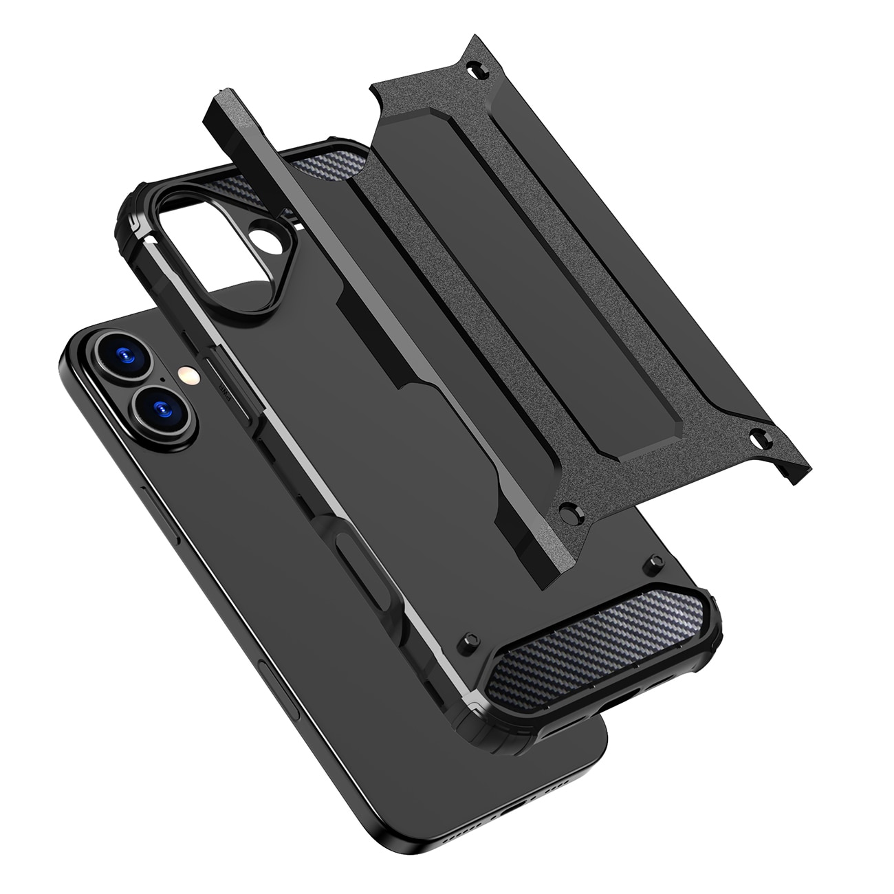 Hybrid Armor iPhone 16 Suojakuori TPU + PC Iskunkestävä Kuori Kamerasuojalla - Musta