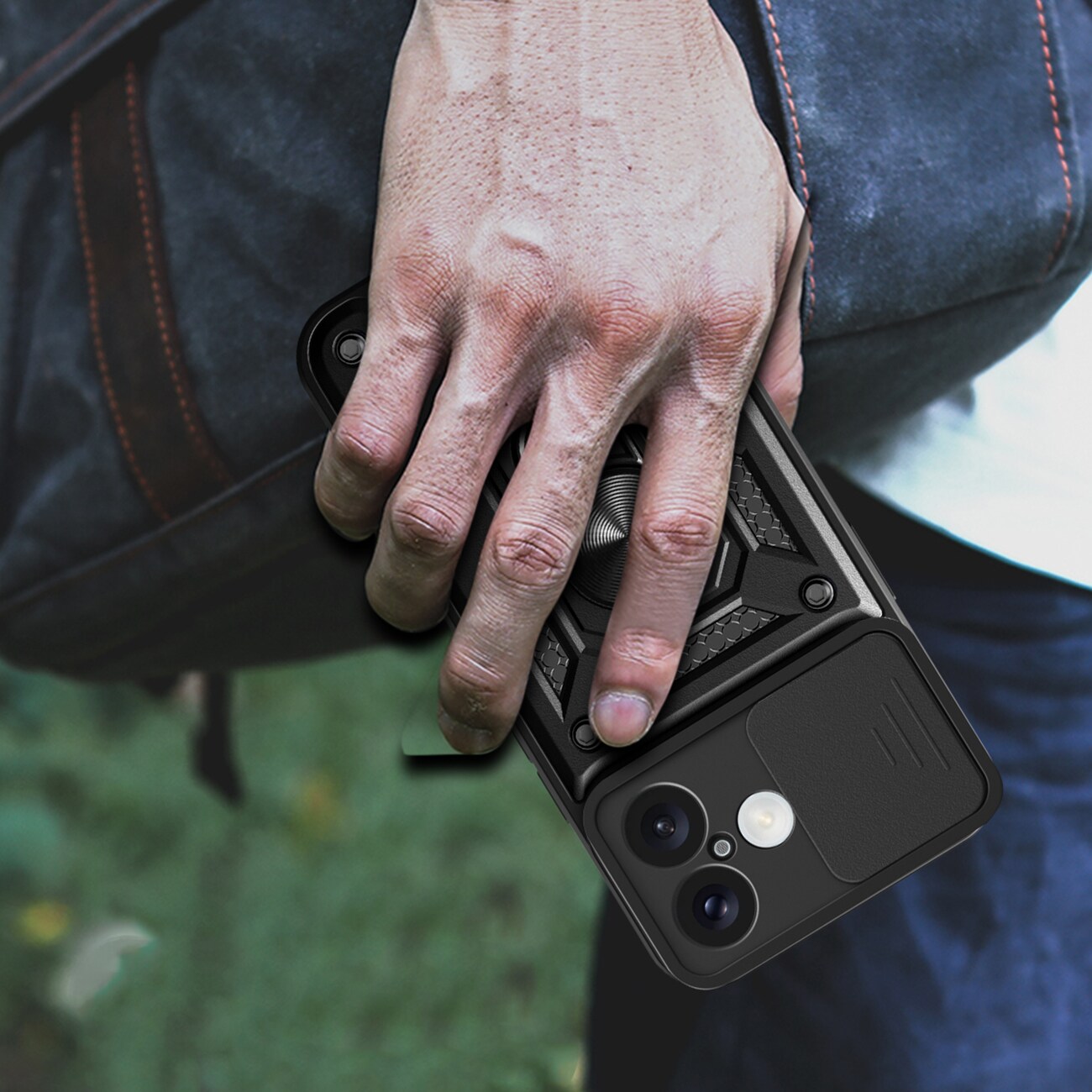 Hybrid Armor Camshield iPhone 16 panssaroitu kotelo, jossa on kamerasuoja ja jalusta - musta