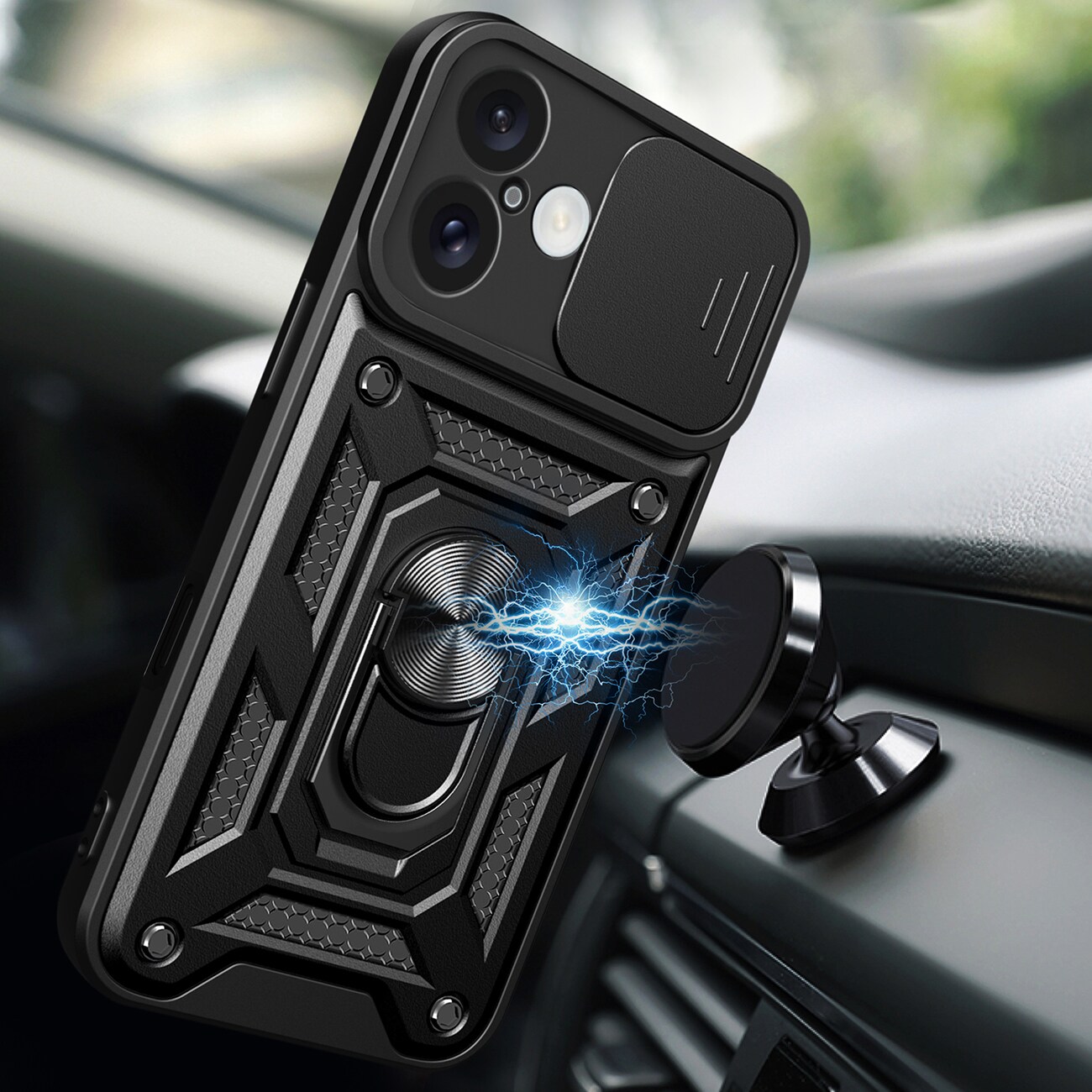 Hybrid Armor Camshield iPhone 16 panssaroitu kotelo, jossa on kamerasuoja ja jalusta - musta