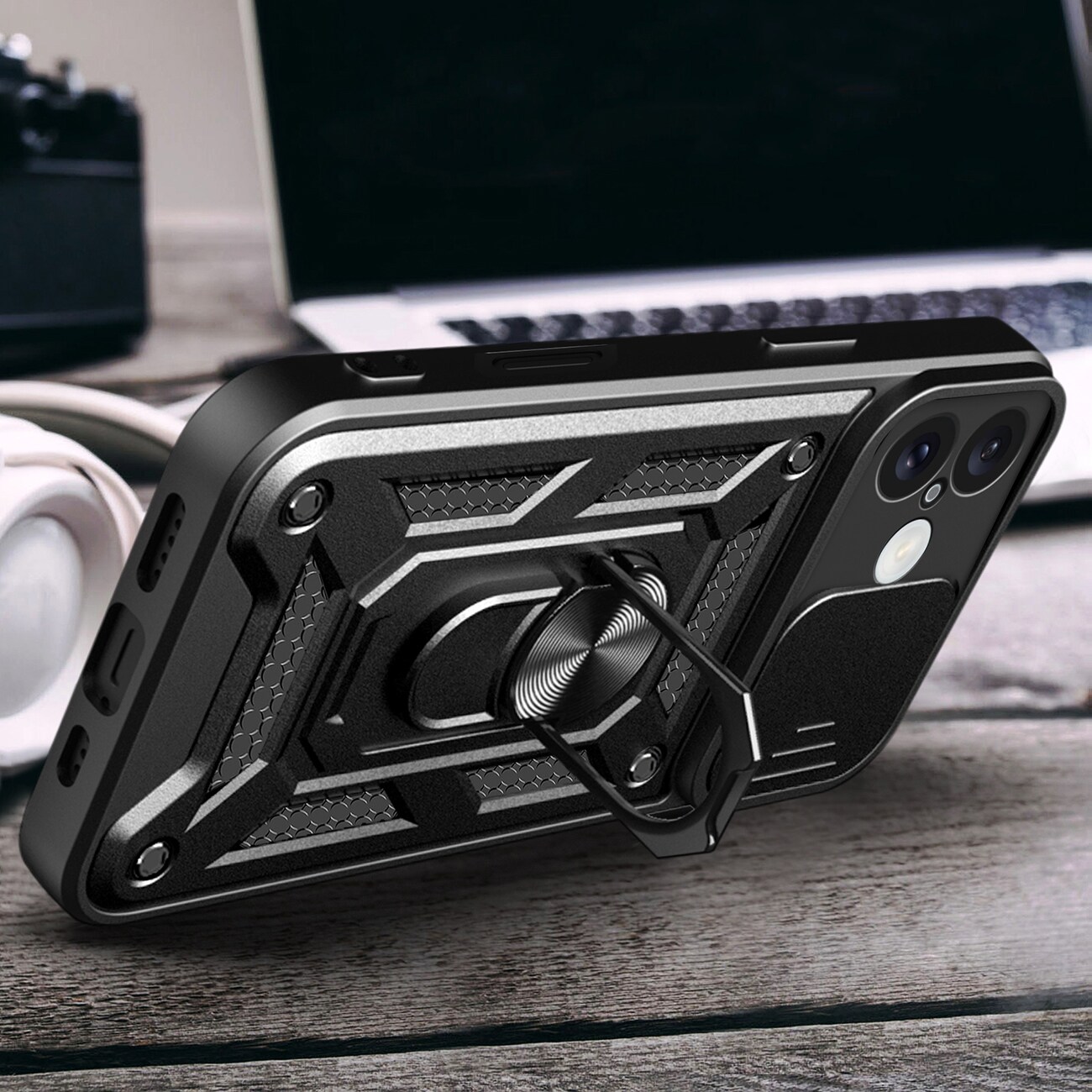 Hybrid Armor Camshield iPhone 16 panssaroitu kotelo, jossa on kamerasuoja ja jalusta - musta