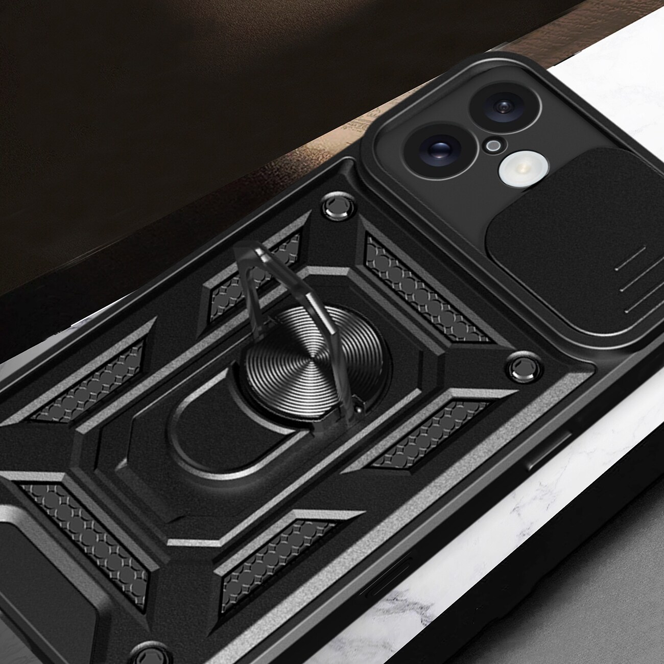 Hybrid Armor Camshield iPhone 16 panssaroitu kotelo, jossa on kamerasuoja ja jalusta - musta