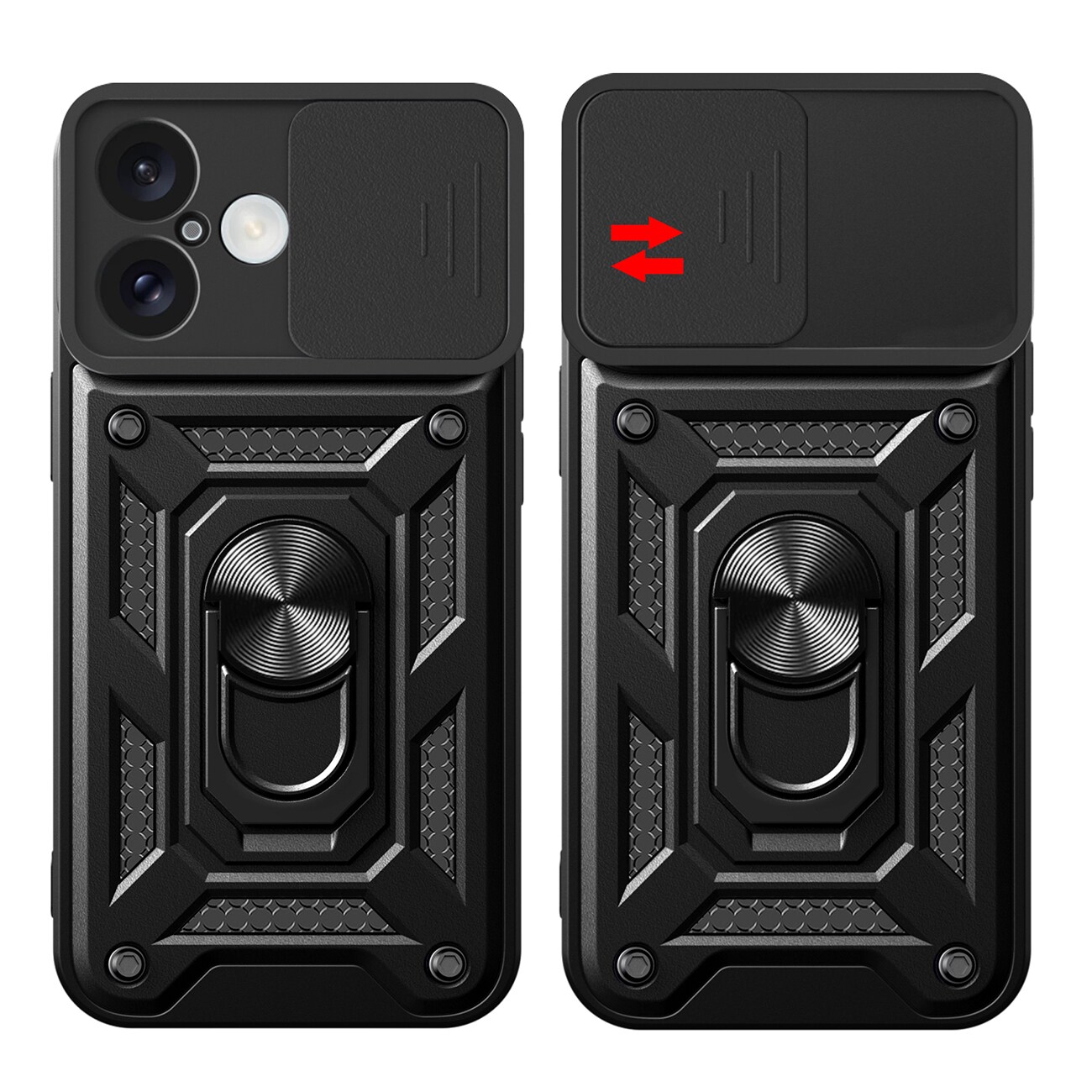 Hybrid Armor Camshield iPhone 16 panssaroitu kotelo, jossa on kamerasuoja ja jalusta - musta