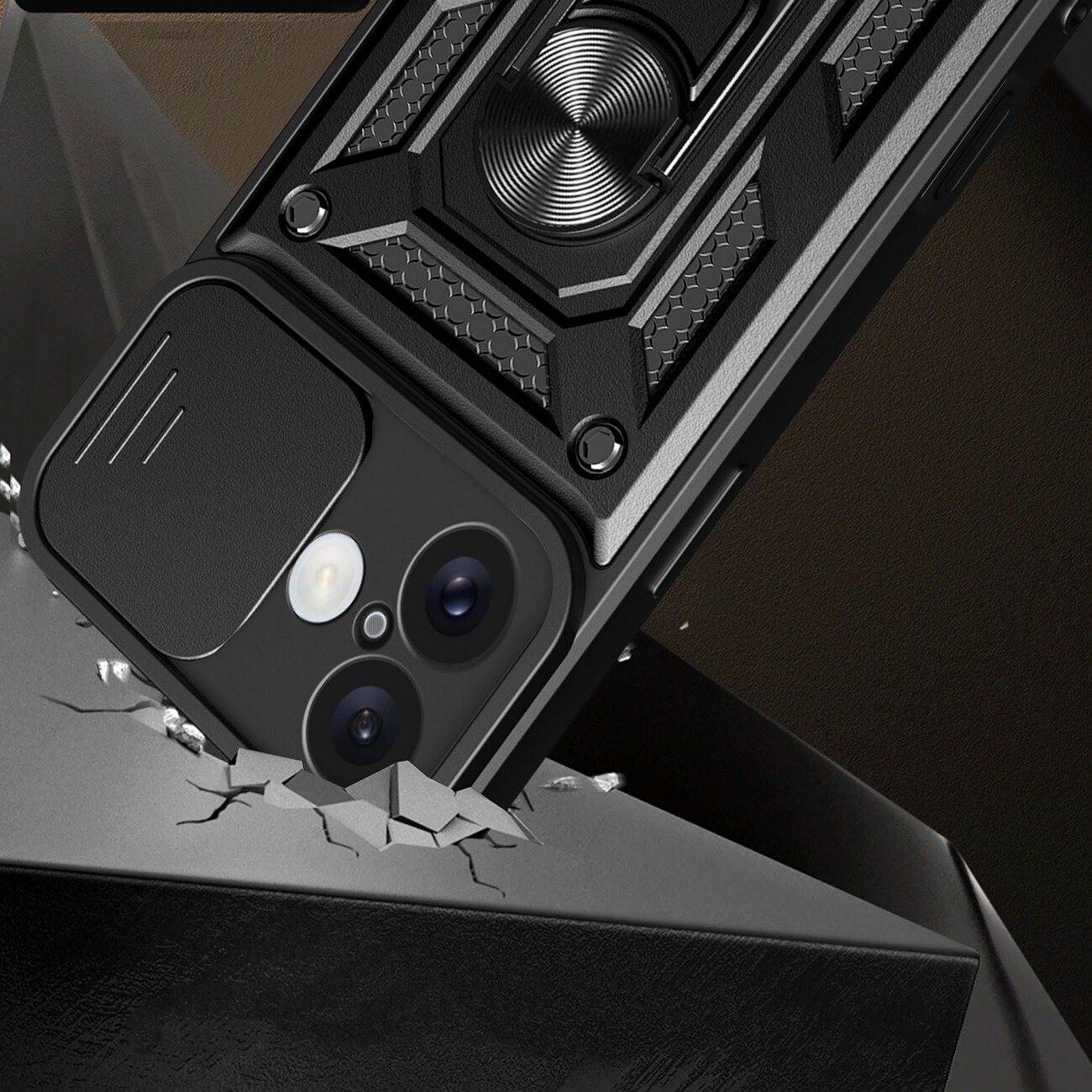Hybrid Armor Camshield iPhone 16 Plus panssaroitu kotelo, jossa on kamerasuoja ja jalusta - musta