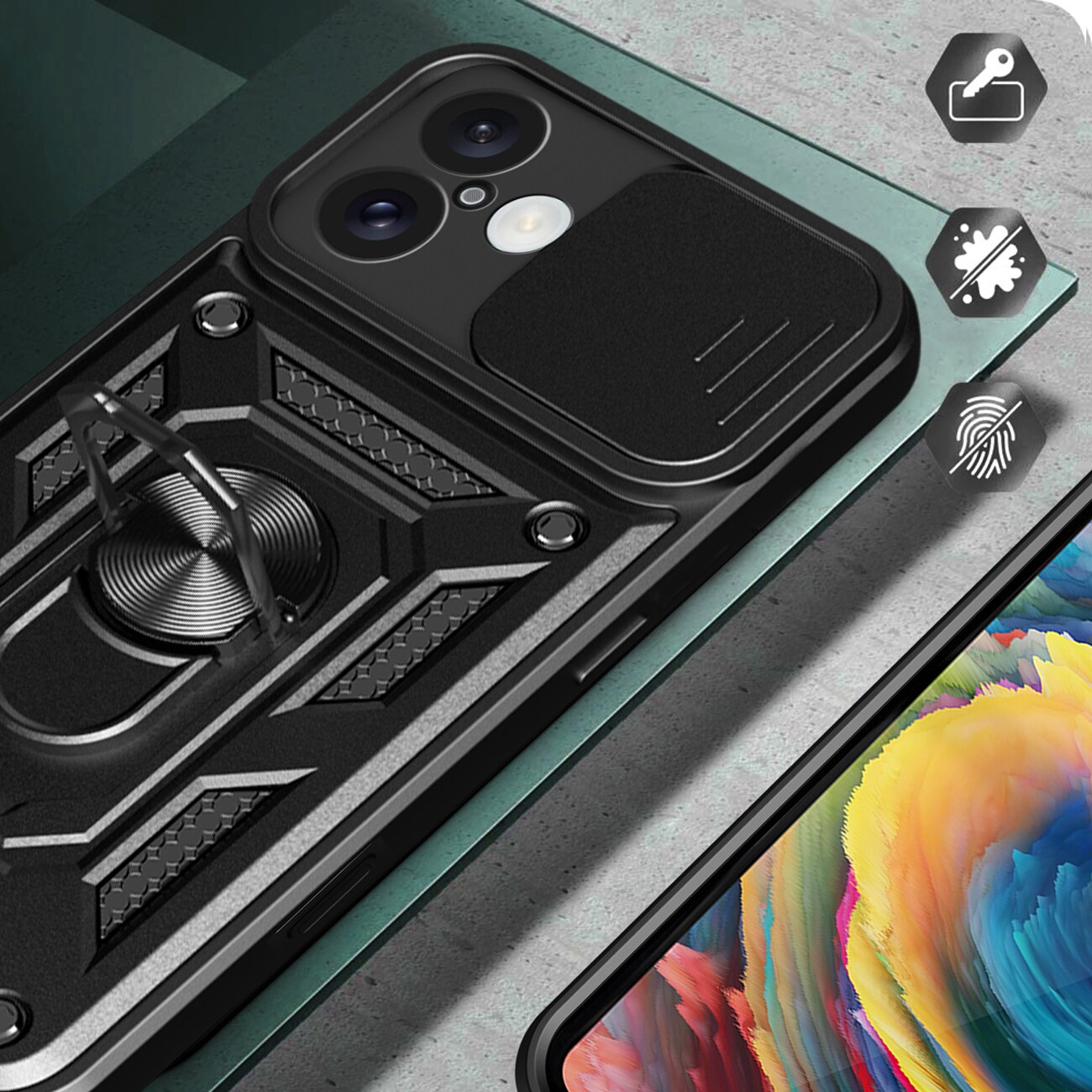 Hybrid Armor Camshield iPhone 16 Plus panssaroitu kotelo, jossa on kamerasuoja ja jalusta - musta