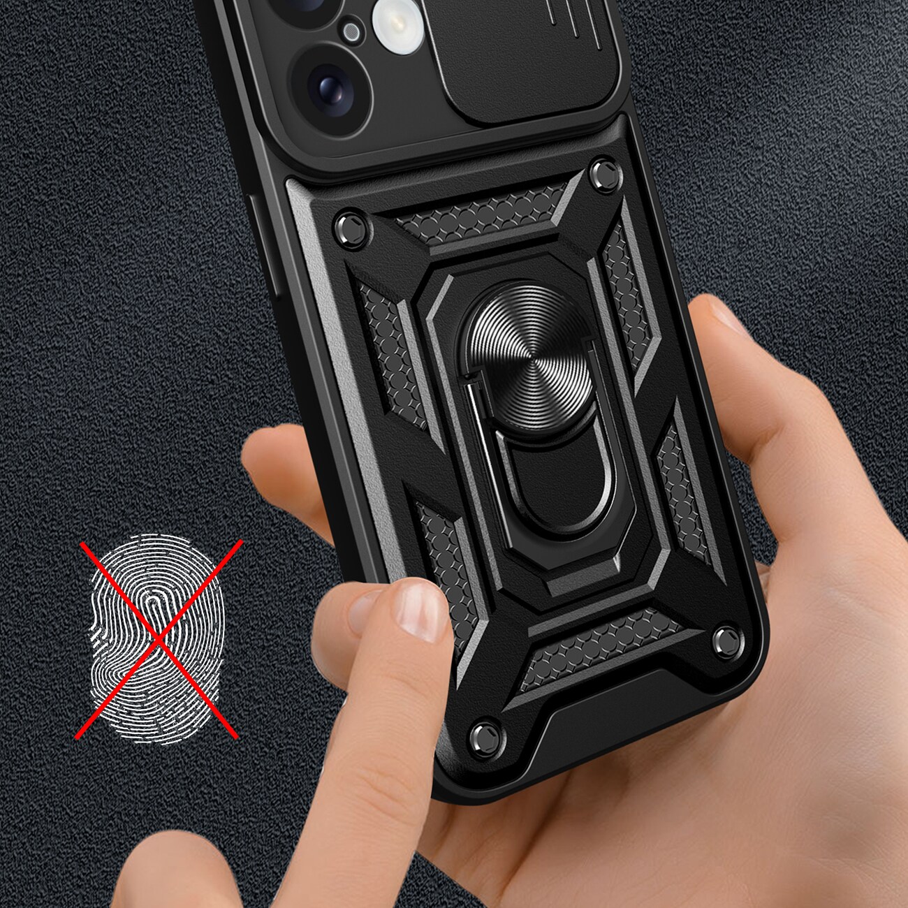 Hybrid Armor Camshield iPhone 16 Plus panssaroitu kotelo, jossa on kamerasuoja ja jalusta - musta
