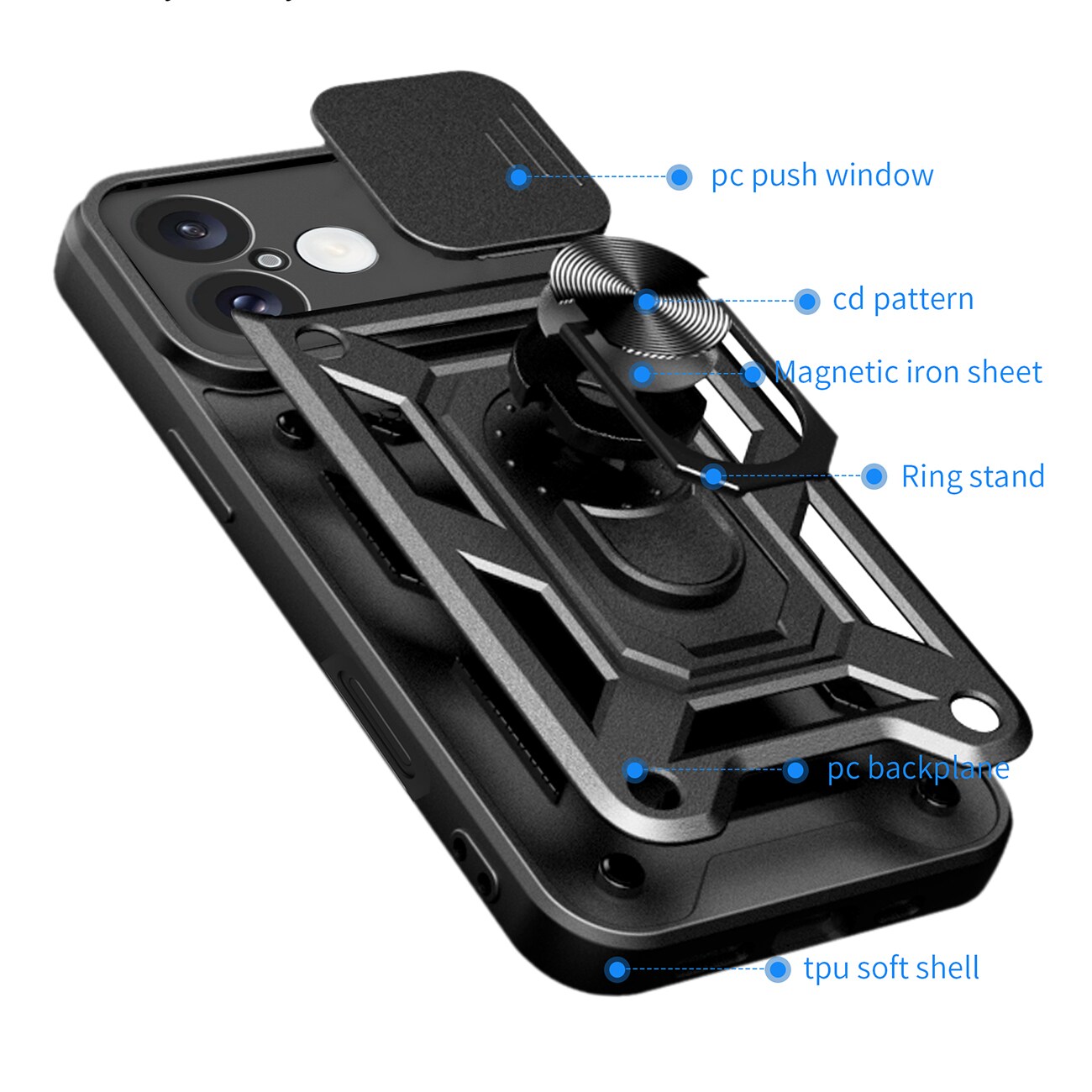 Hybrid Armor Camshield iPhone 16 Plus panssaroitu kotelo, jossa on kamerasuoja ja jalusta - musta