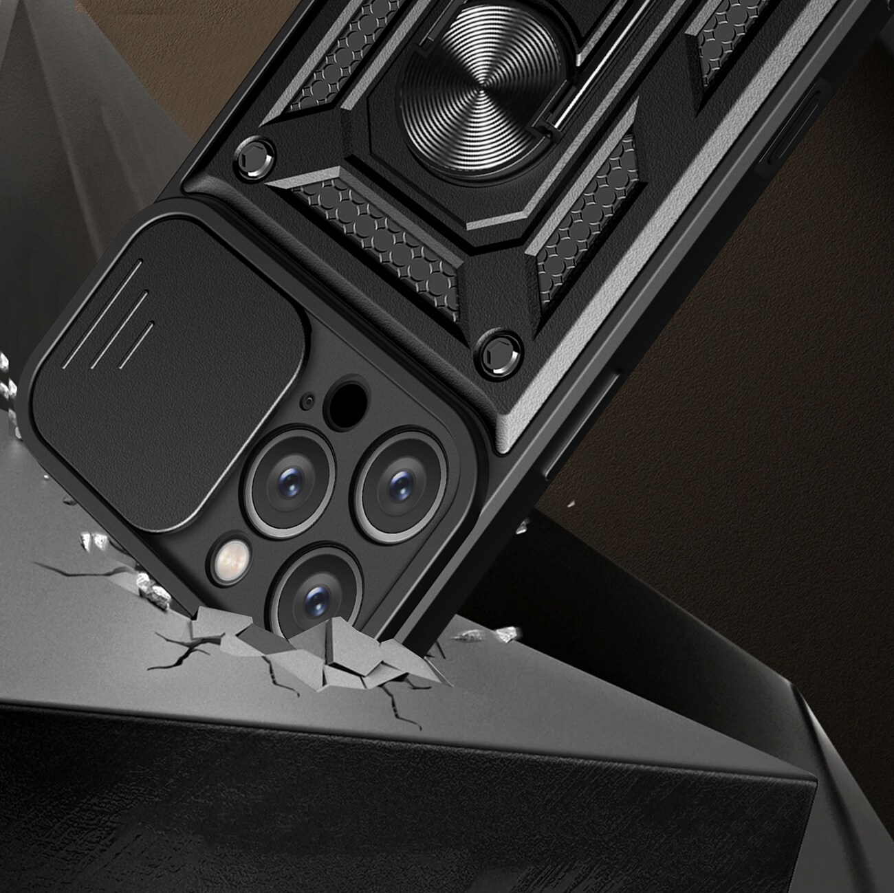 Hybrid Armor Camshield iPhone 16 Pro -kotelo, jossa on kamerasuoja ja jalusta - musta