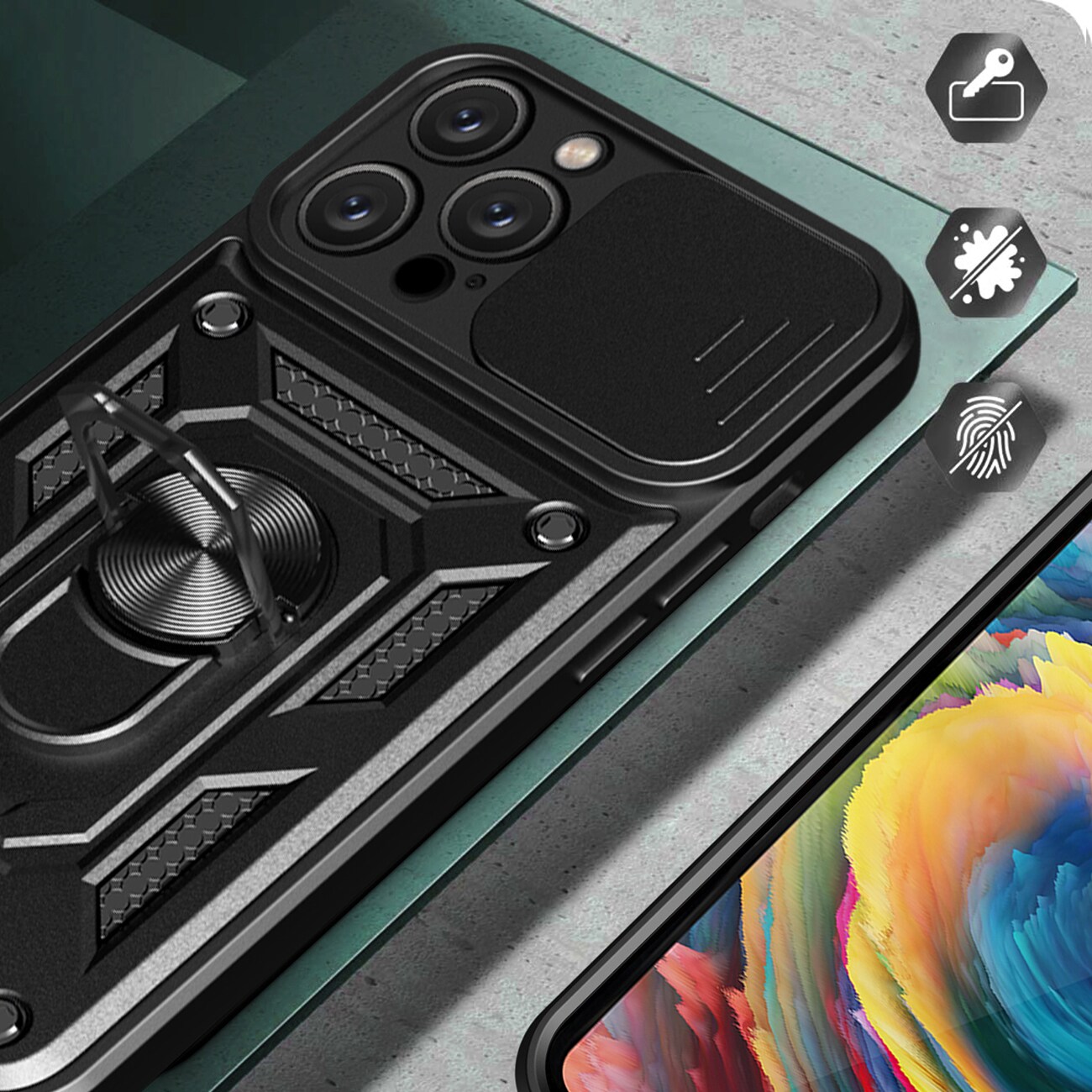 Hybrid Armor Camshield iPhone 16 Pro -kotelo, jossa on kamerasuoja ja jalusta - musta