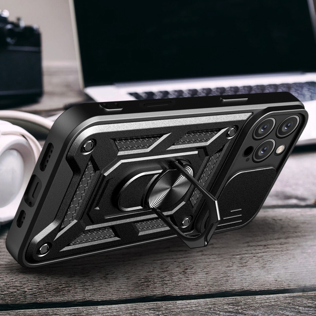 Hybrid Armor Camshield iPhone 16 Pro -kotelo, jossa on kamerasuoja ja jalusta - musta