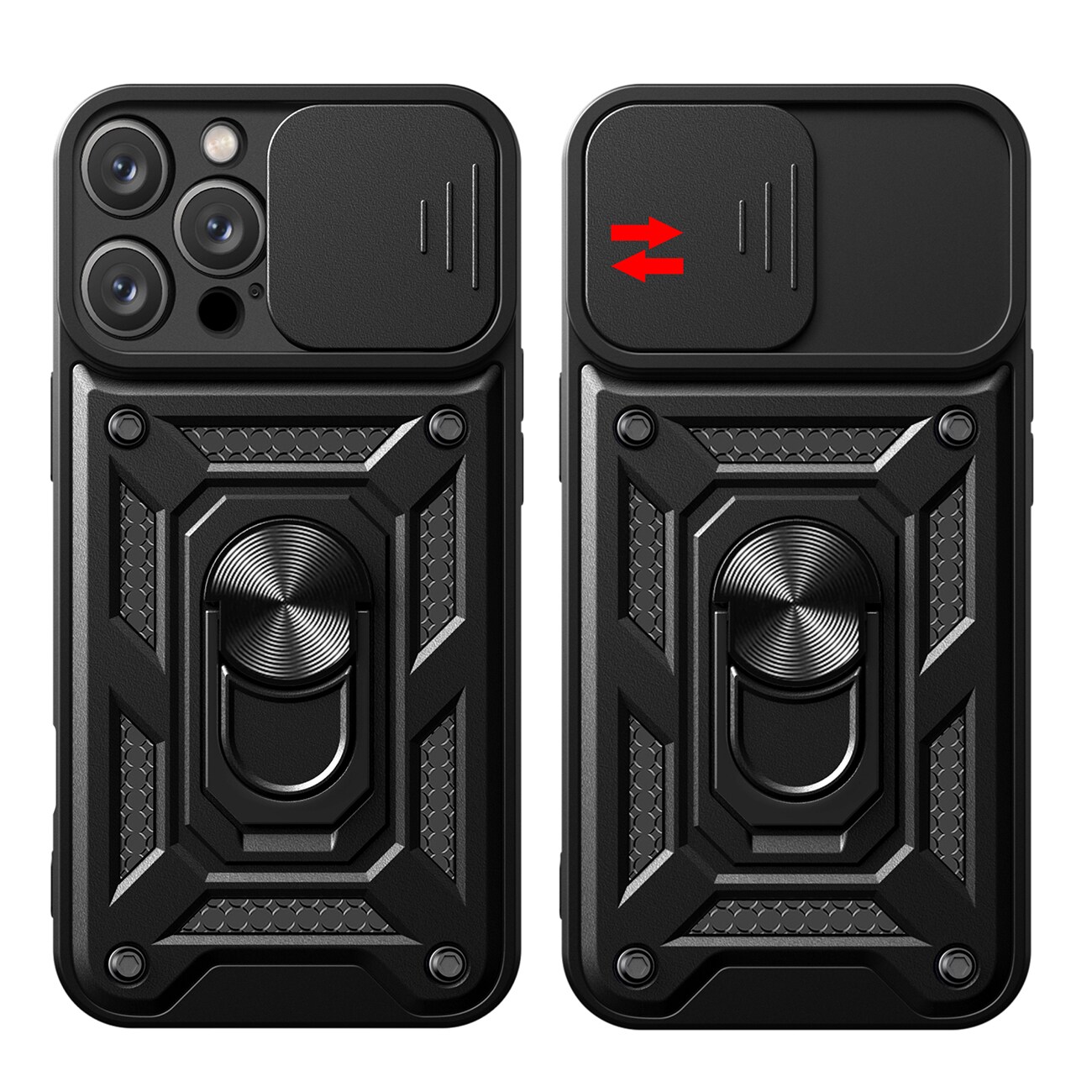 Hybrid Armor Camshield iPhone 16 Pro Max panssaroitu kotelo, jossa on kamerasuoja ja jalusta - musta