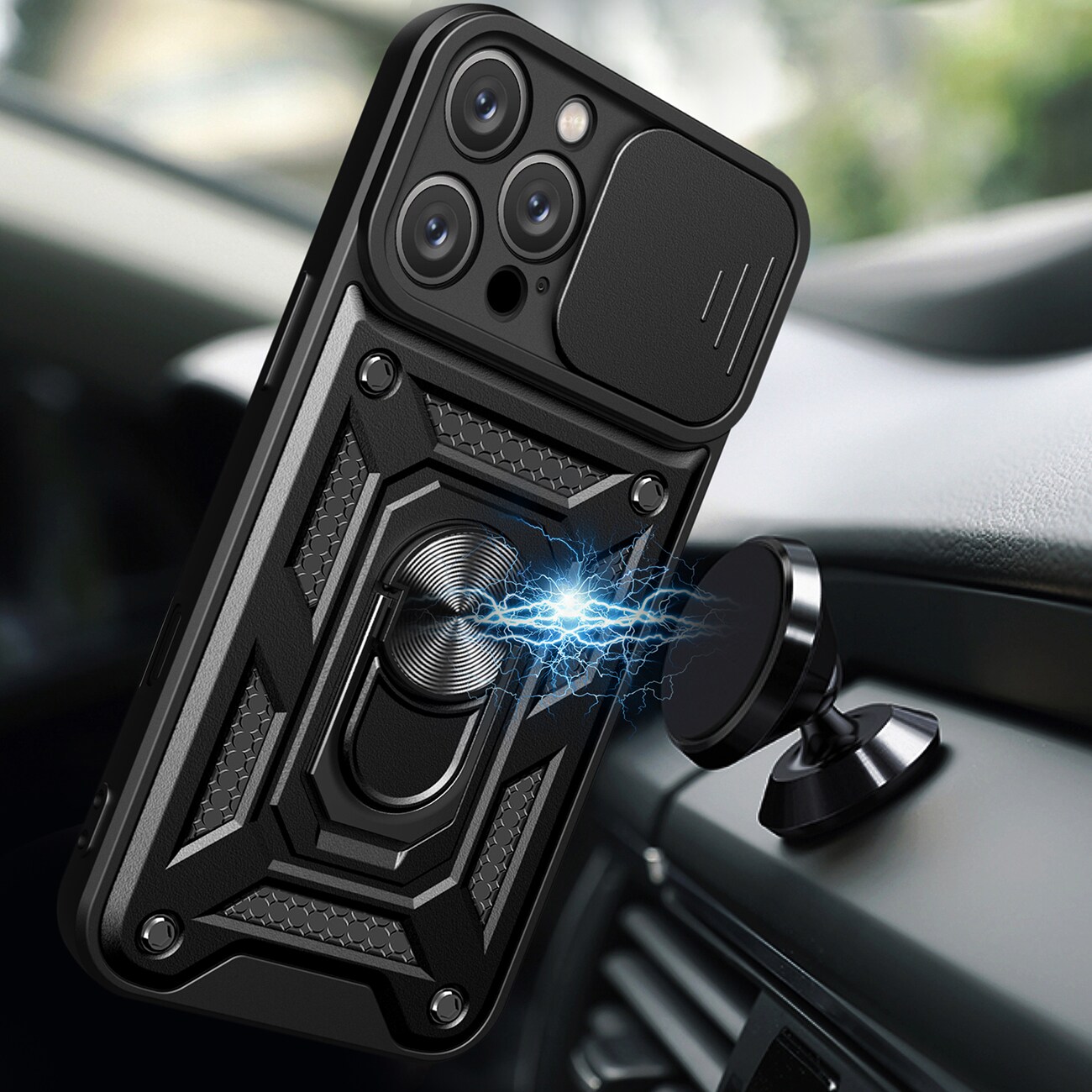 Hybrid Armor Camshield iPhone 16 Pro Max panssaroitu kotelo, jossa on kamerasuoja ja jalusta - musta