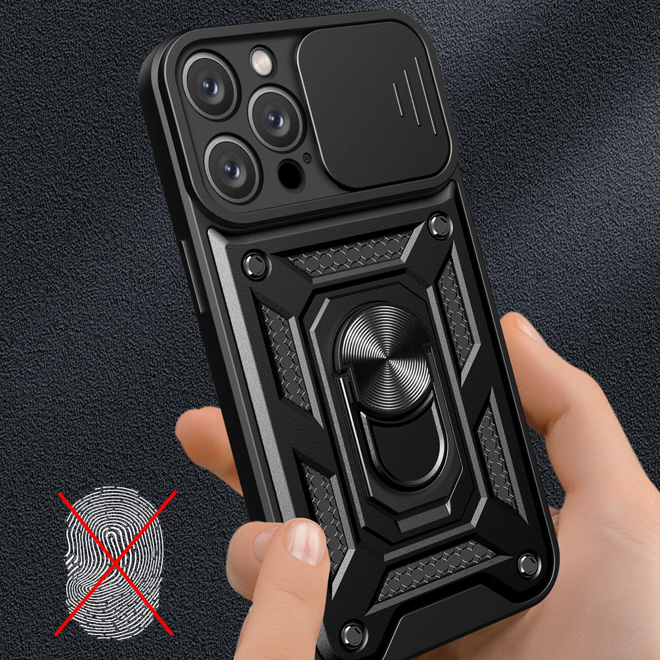Hybrid Armor Camshield iPhone 16 Pro Max panssaroitu kotelo, jossa on kamerasuoja ja jalusta - musta