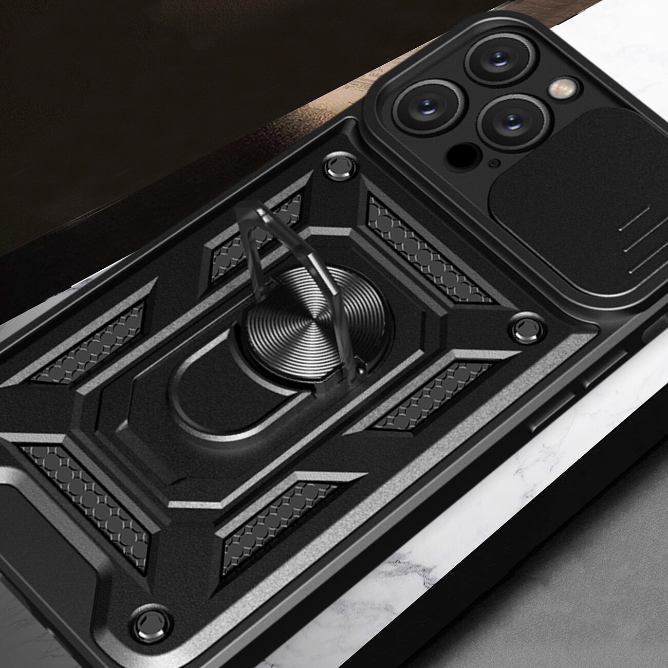 Hybrid Armor Camshield iPhone 16 Pro Max panssaroitu kotelo, jossa on kamerasuoja ja jalusta - musta