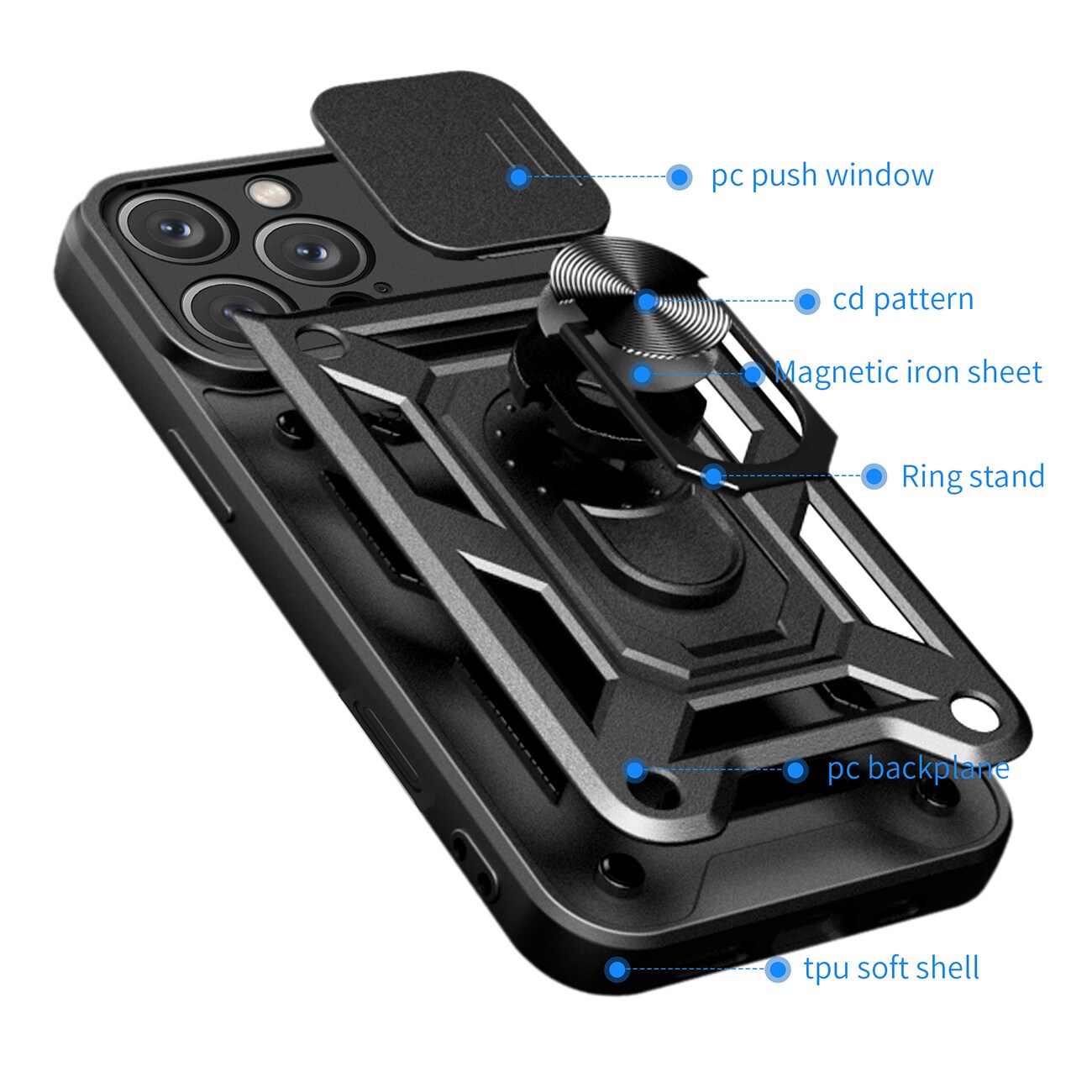 Hybrid Armor Camshield iPhone 16 Pro Max panssaroitu kotelo, jossa on kamerasuoja ja jalusta - musta