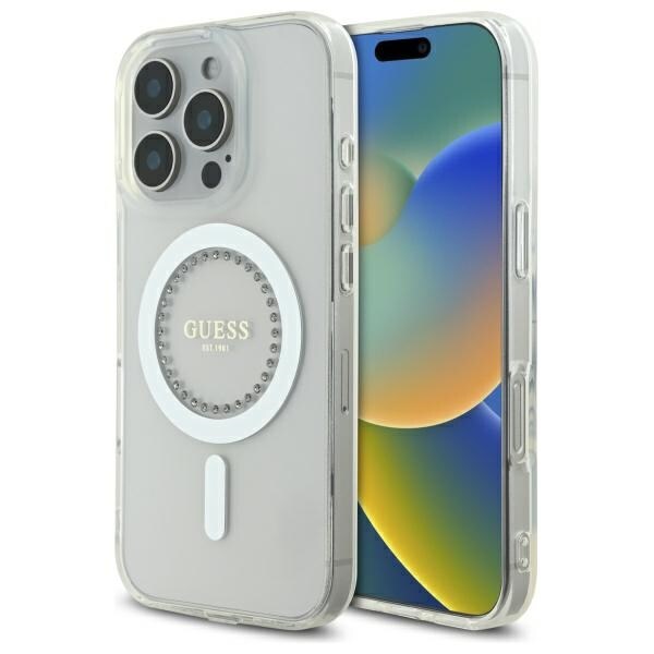 Guess IML Rhinestones MagSafe -kotelo iPhone 16 Pro Maxille - Valkoinen