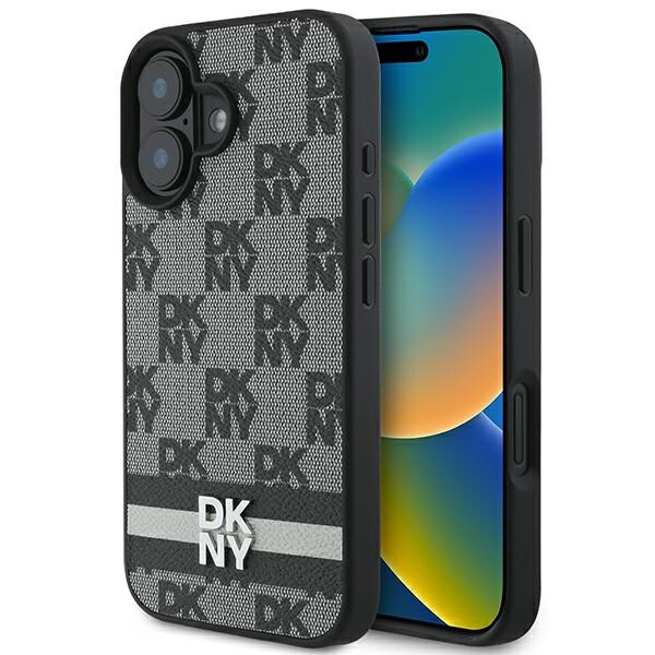 DKNY Checkered Pattern & Printed Stripes iPhone 16 Case - Musta