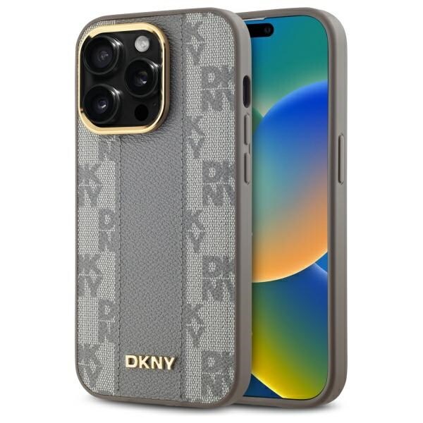 DKNY Nahkainen ruudullinen monokuvioinen MagSafe iPhone 14 Pro -kotelo - Beige