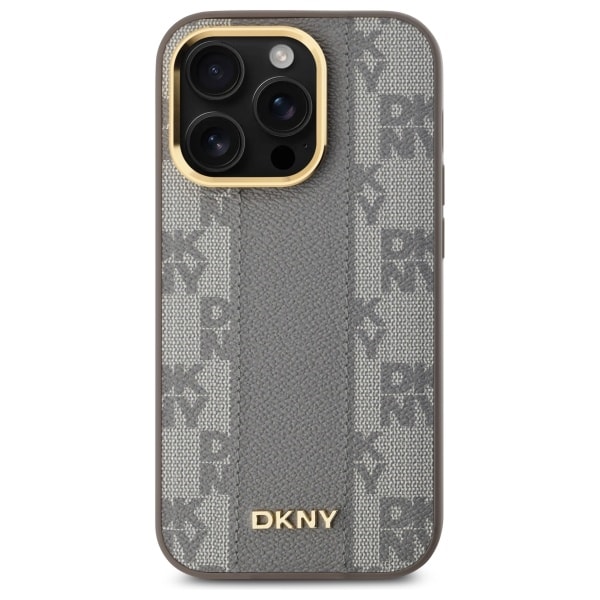 DKNY Nahkainen ruudullinen monokuvioinen MagSafe iPhone 14 Pro -kotelo - Beige