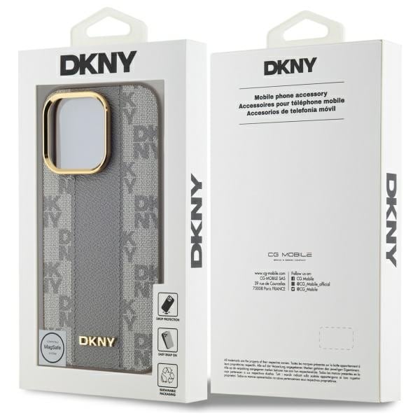 DKNY Nahkainen ruudullinen monokuvioinen MagSafe iPhone 14 Pro -kotelo - Beige