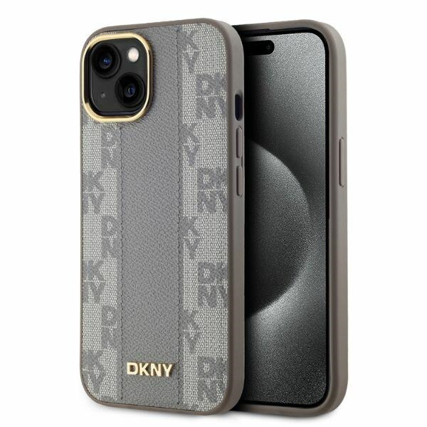 DKNY Nahkainen ruudullinen monokuvioinen MagSafe iPhone 14 kotelo - Beige