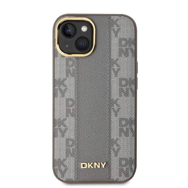 DKNY Nahkainen ruudullinen monokuvioinen MagSafe iPhone 14 kotelo - Beige