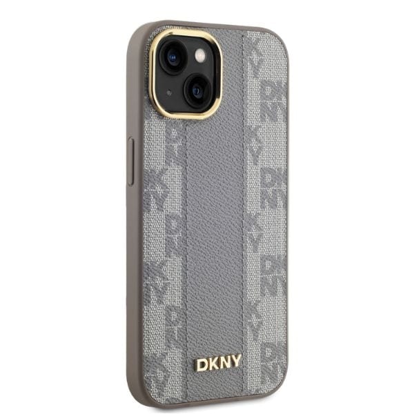 DKNY Nahkainen ruudullinen monokuvioinen MagSafe iPhone 14 kotelo - Beige