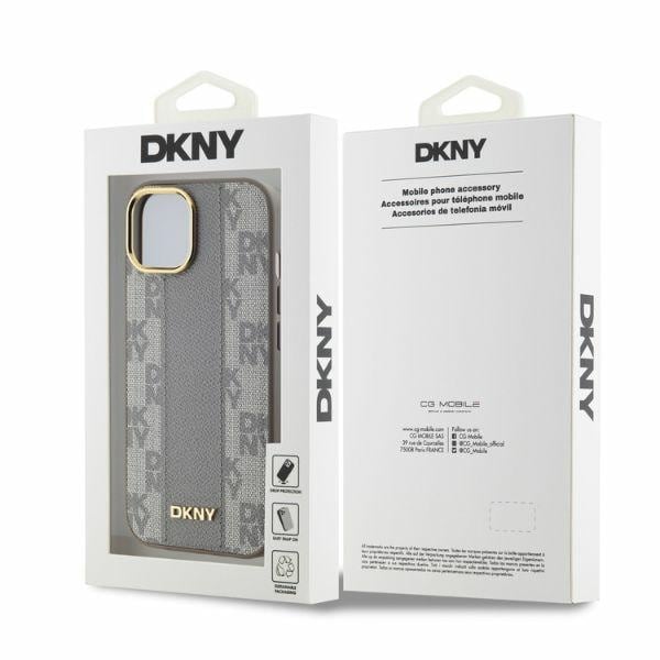 DKNY Nahkainen ruudullinen monokuvioinen MagSafe iPhone 14 kotelo - Beige