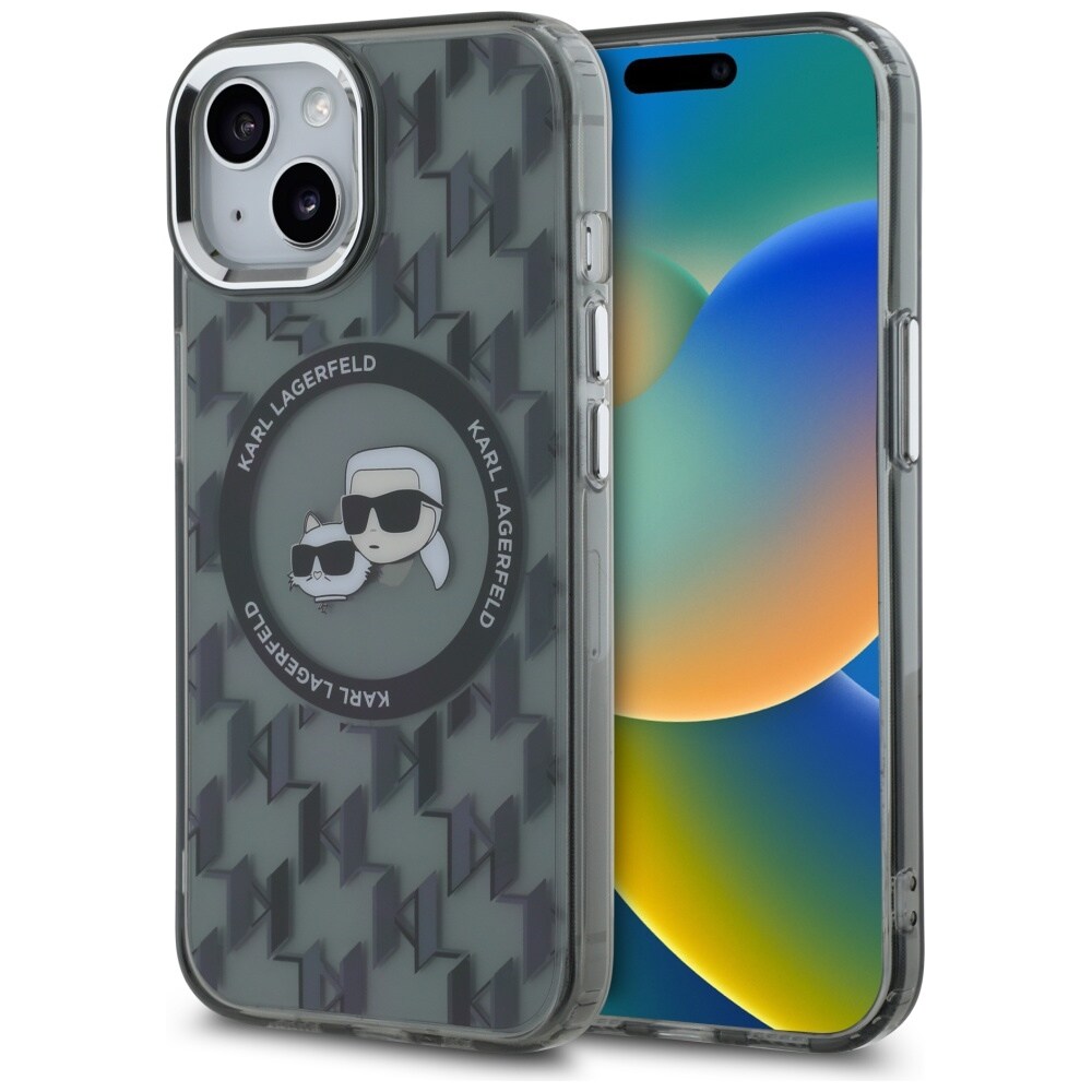 Karl Lagerfeld IML Monogram Karl & Choupette Head MagSafe iPhone 15 Case - Musta
