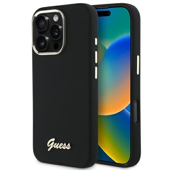 Guess Silikoni Script Metal Logo & Frame Case for iPhone 16 Pro - musta