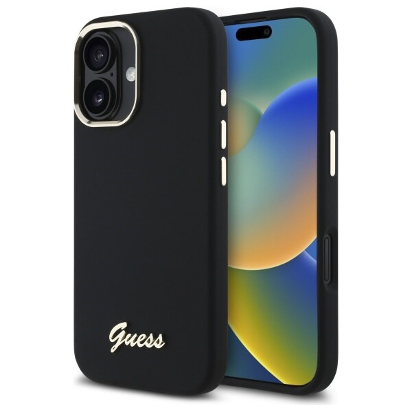 Guess Silikoni Script Metal Logo & Frame Case for iPhone 16 - musta