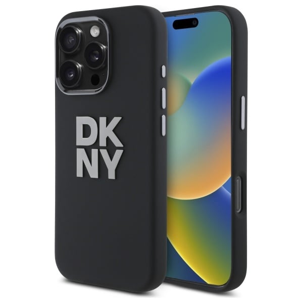 DKNY neste silikoni metalli logo iPhone 16 Pro Case - musta